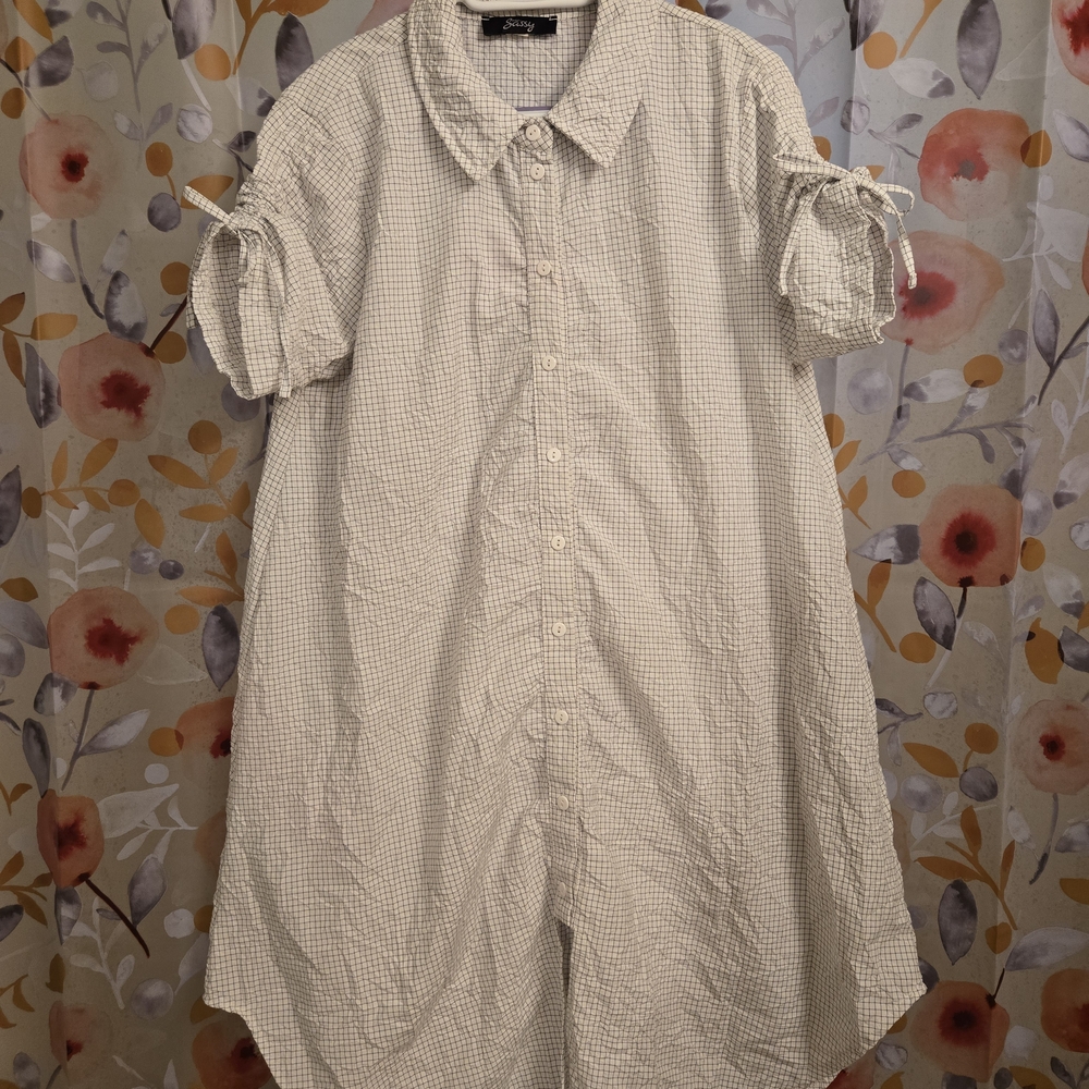 Mini Windowpane Short Sleeve Button-Up Dress